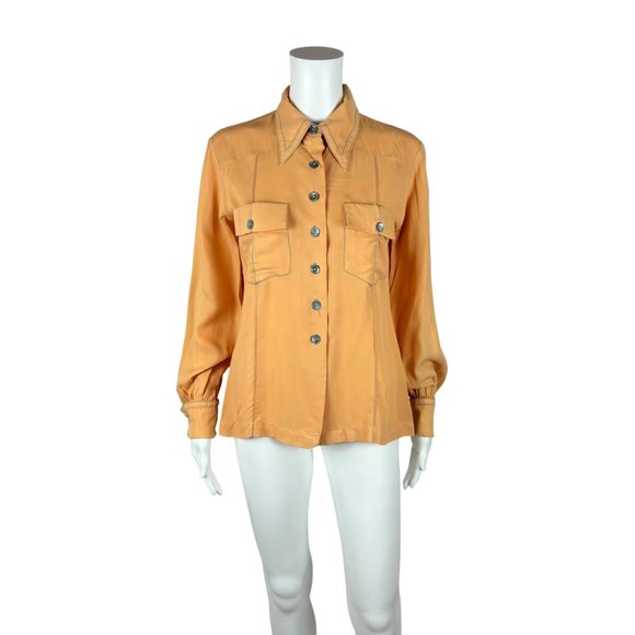 Vintage 60s Peach Blouse Women's Medium Gray Dagger Collar Long Sleeve Button Do - Picture 11 of 12